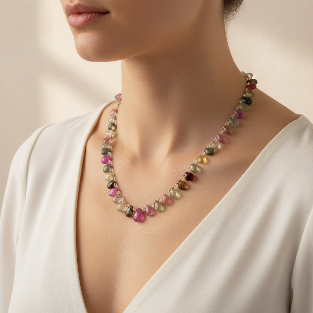 Lena Skadegard Jewelry | Petal Tourmaline & Sapphire 14k Gold Gemstone Necklace | Firecracker