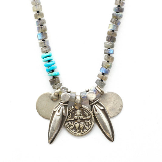 Lena Skadegard Jewels | Labradorite + Turquoise Antique Silver Charm Necklace | Firecracker