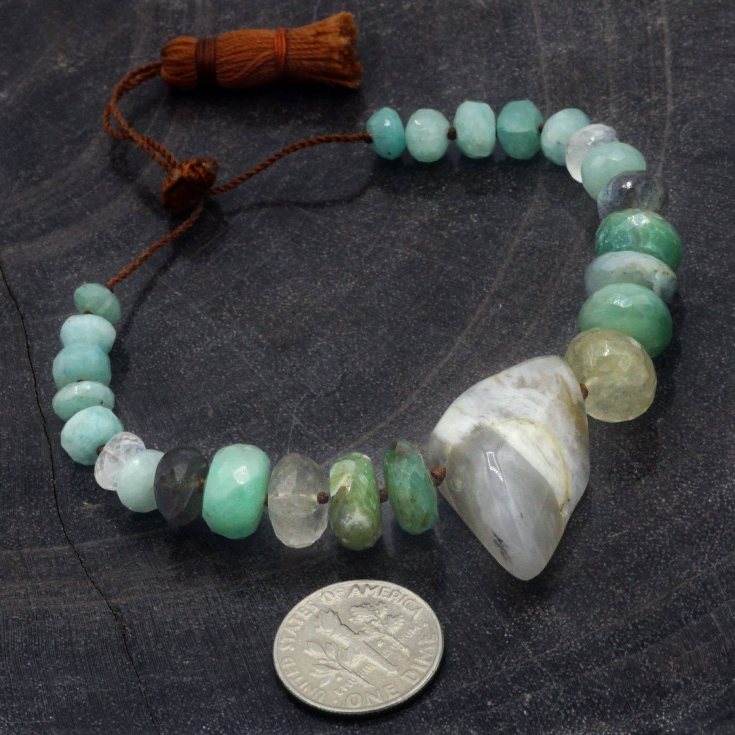 Peruvian Opal, Labradorite + Amazonite Gemstone Tassel Bracelet