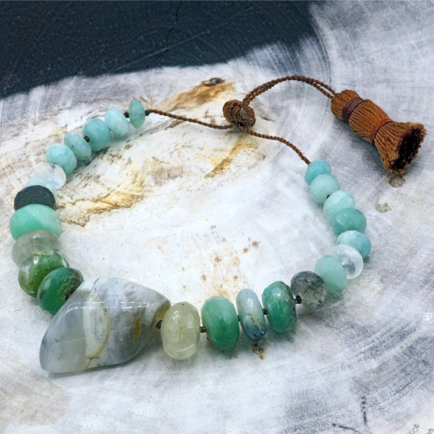 Peruvian Opal, Labradorite + Amazonite Gemstone Tassel Bracelet