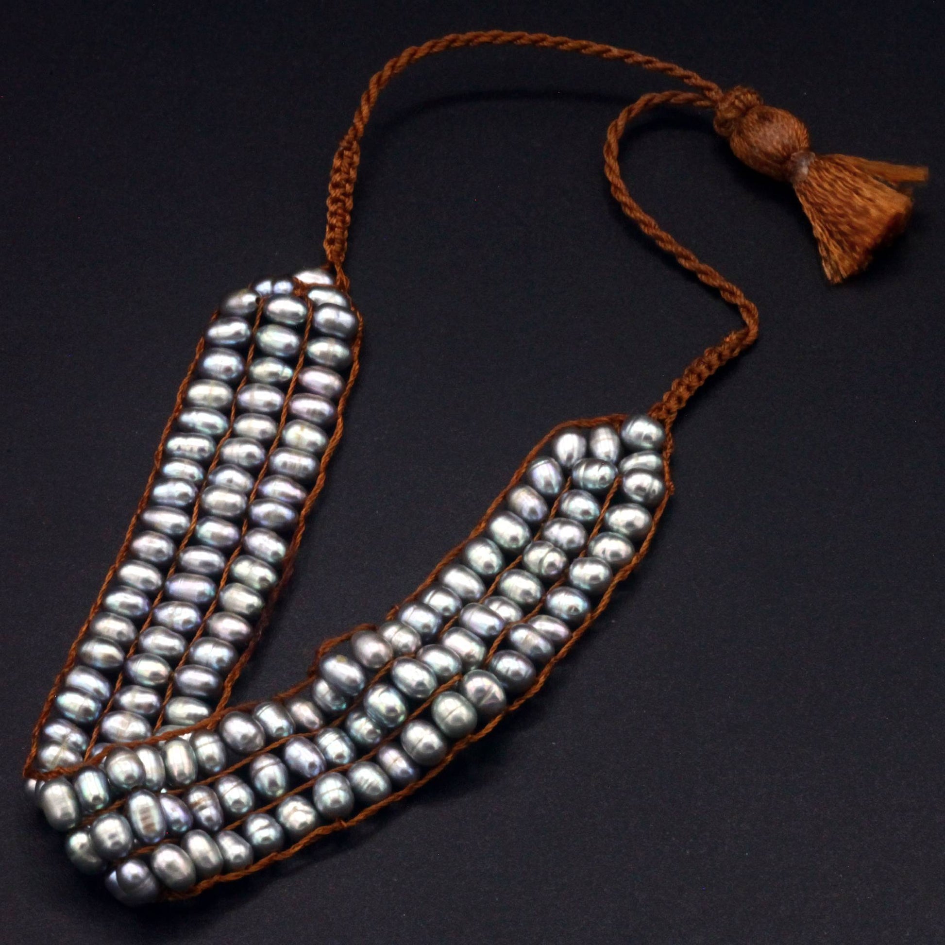 Lena Skadegard Jewelry | Grey Pearl Crochet Tassel Bracelet | Firecracker