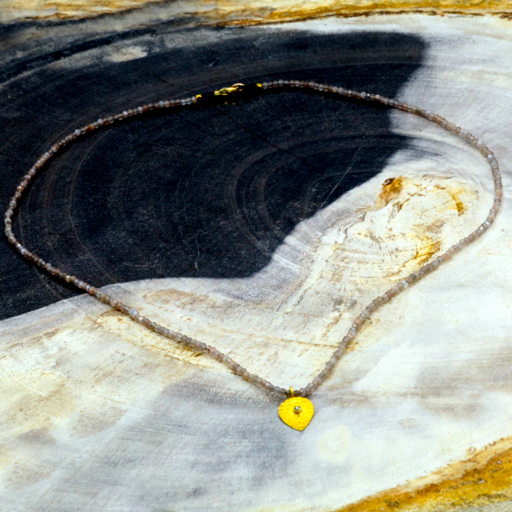 Margeret Solow Jewelry | Chocolate Moonstone + Diamond 18k Gold Drop Necklace | Firecracker