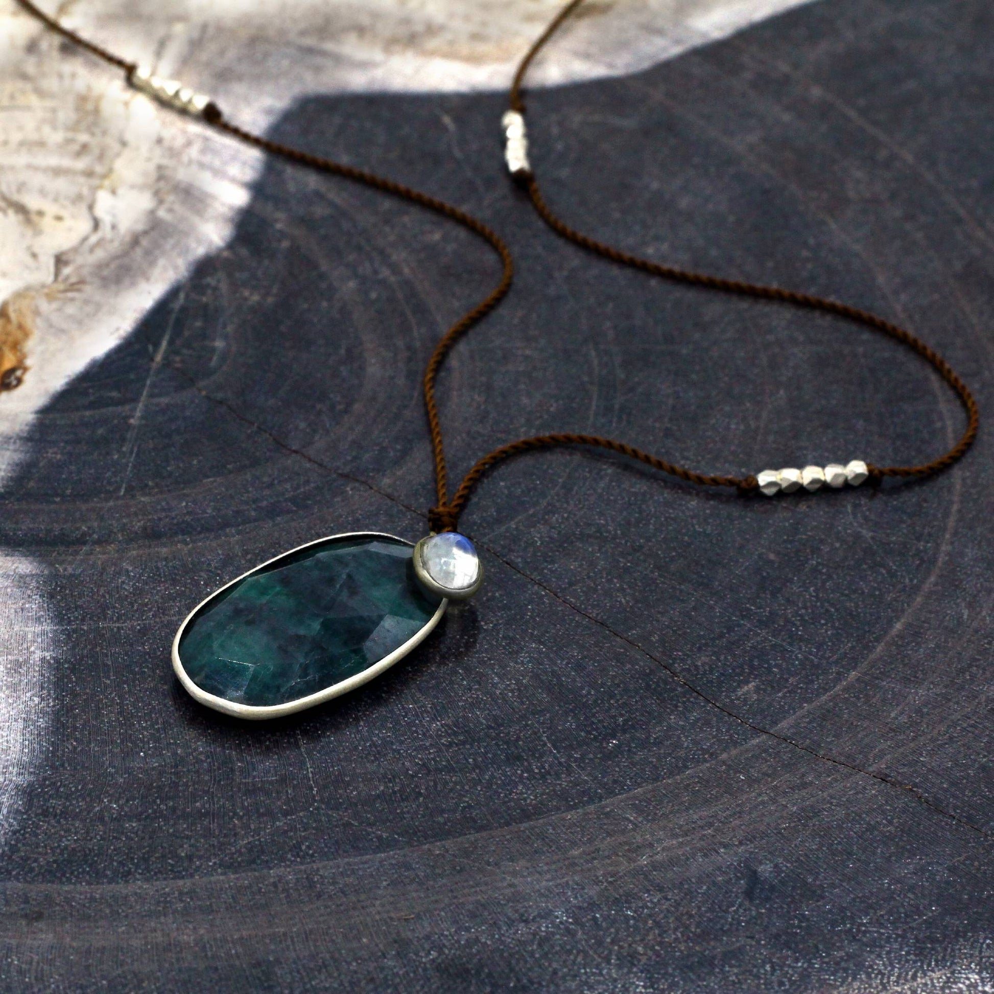 Margaret Solow Jewelry | Emerald + Rainbow Moonstone Sterling Silver Drop Necklace | Firecracker