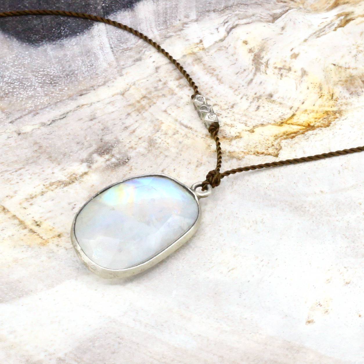 Margaret Solow Jewelry | Large Rainbow Moonstone + Sterling Silver Drop Necklace | Firecracker