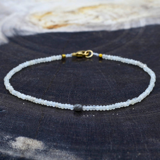 Margaret Solow Jewelry | Rainbow Moonstone + Grey Diamond 14k Gold Beaded Bracelet | Firecracker