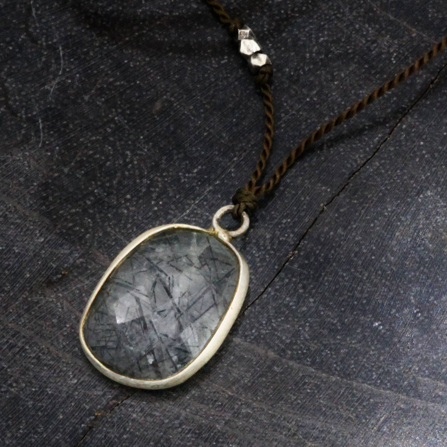 Margaret Solow Jewelry | Tourmalated Quartz + Sterling Silver Drop Necklace | Firecracker