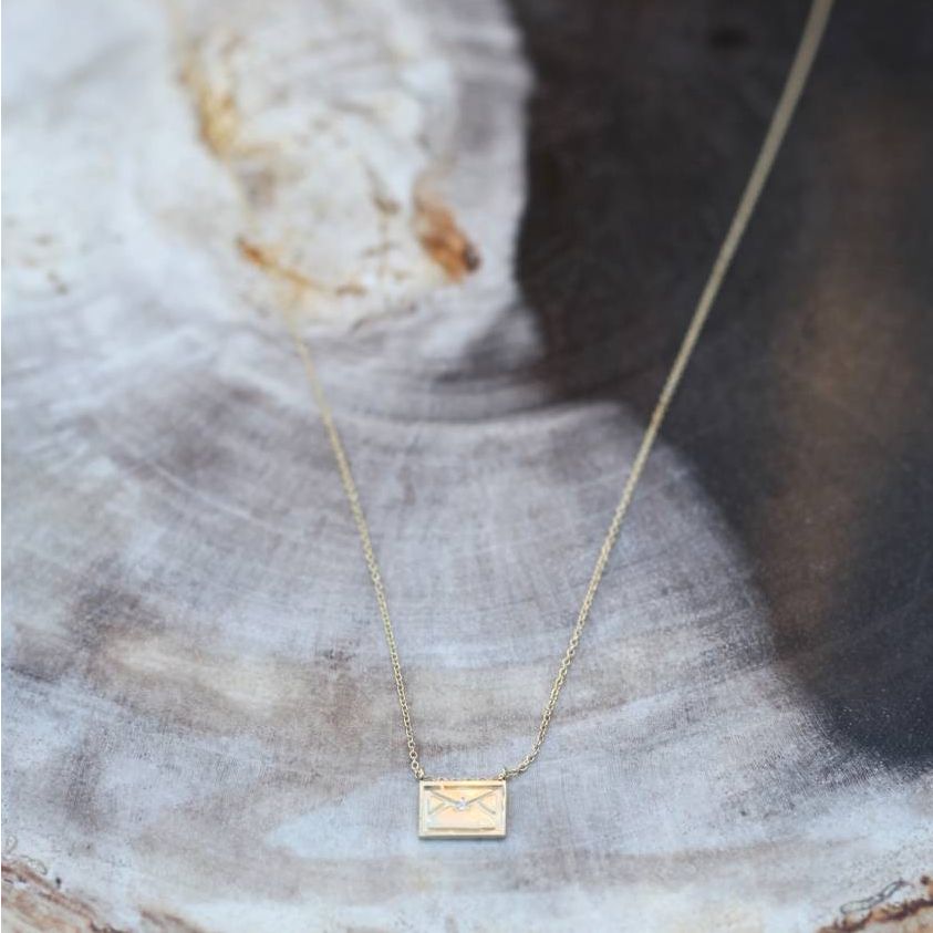 Aili Jewelry | Letter Diamond + 14K Gold Postcard Charm Necklace | Firecracker