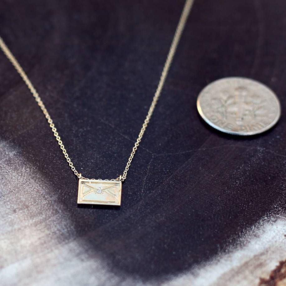 Aili Jewelry | Letter Diamond + 14K Gold Postcard Charm Necklace | Firecracker