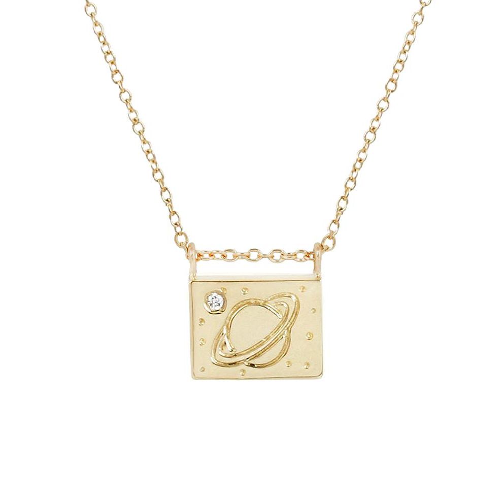 Aili Jewelry | Saturn Diamond + 14K Gold Postcard Charm Necklace | Firecracker
