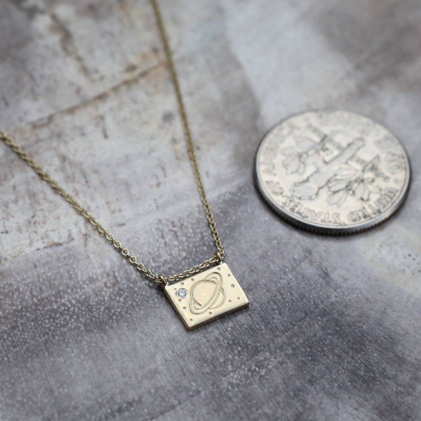 Aili Jewelry | Saturn Diamond + 14K Gold Postcard Charm Necklace | Firecracker
