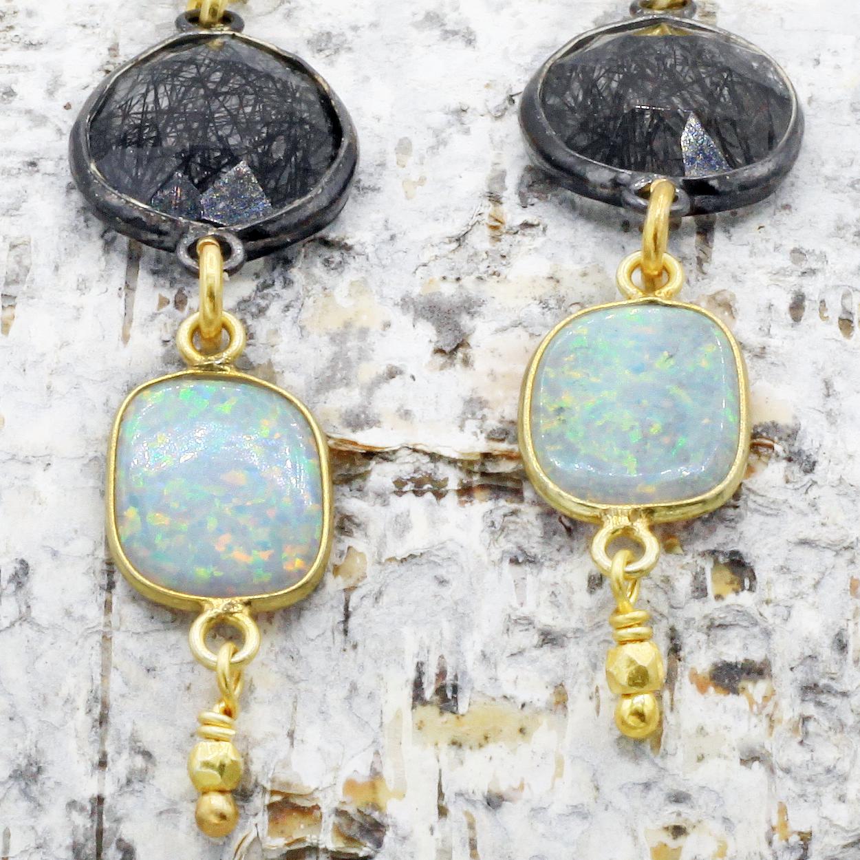 Robindira Unsworth Jewelry | Black Rutilated Quartz, Australian Opal + Moonstone Gemstone Earrings | Firecracker