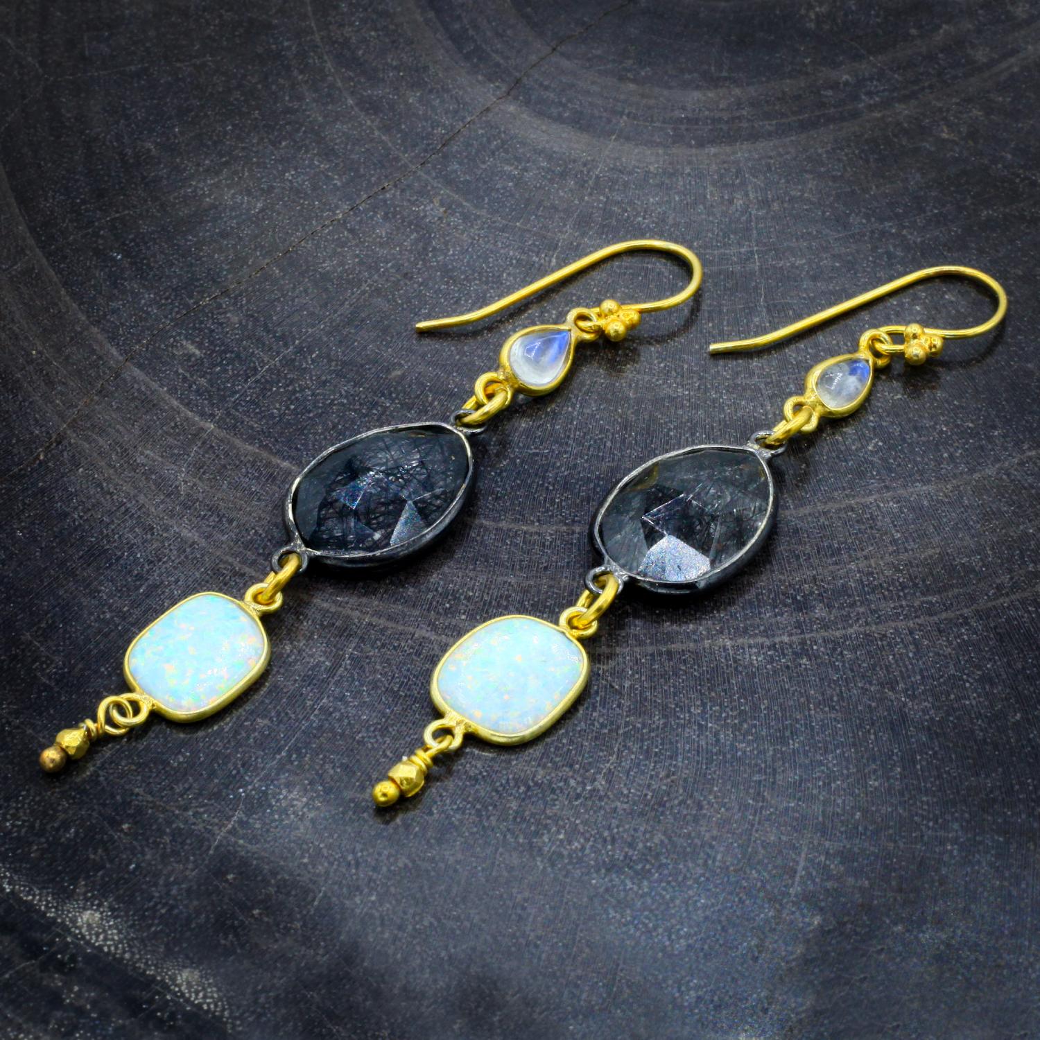 Robindira Unsworth Jewelry | Black Rutilated Quartz, Australian Opal + Moonstone Gemstone Earrings | Firecracker