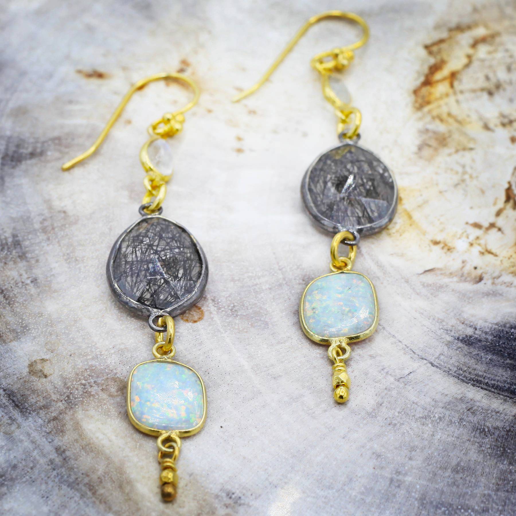 Robindira Unsworth Jewelry | Black Rutilated Quartz, Australian Opal + Moonstone Gemstone Earrings | Firecracker