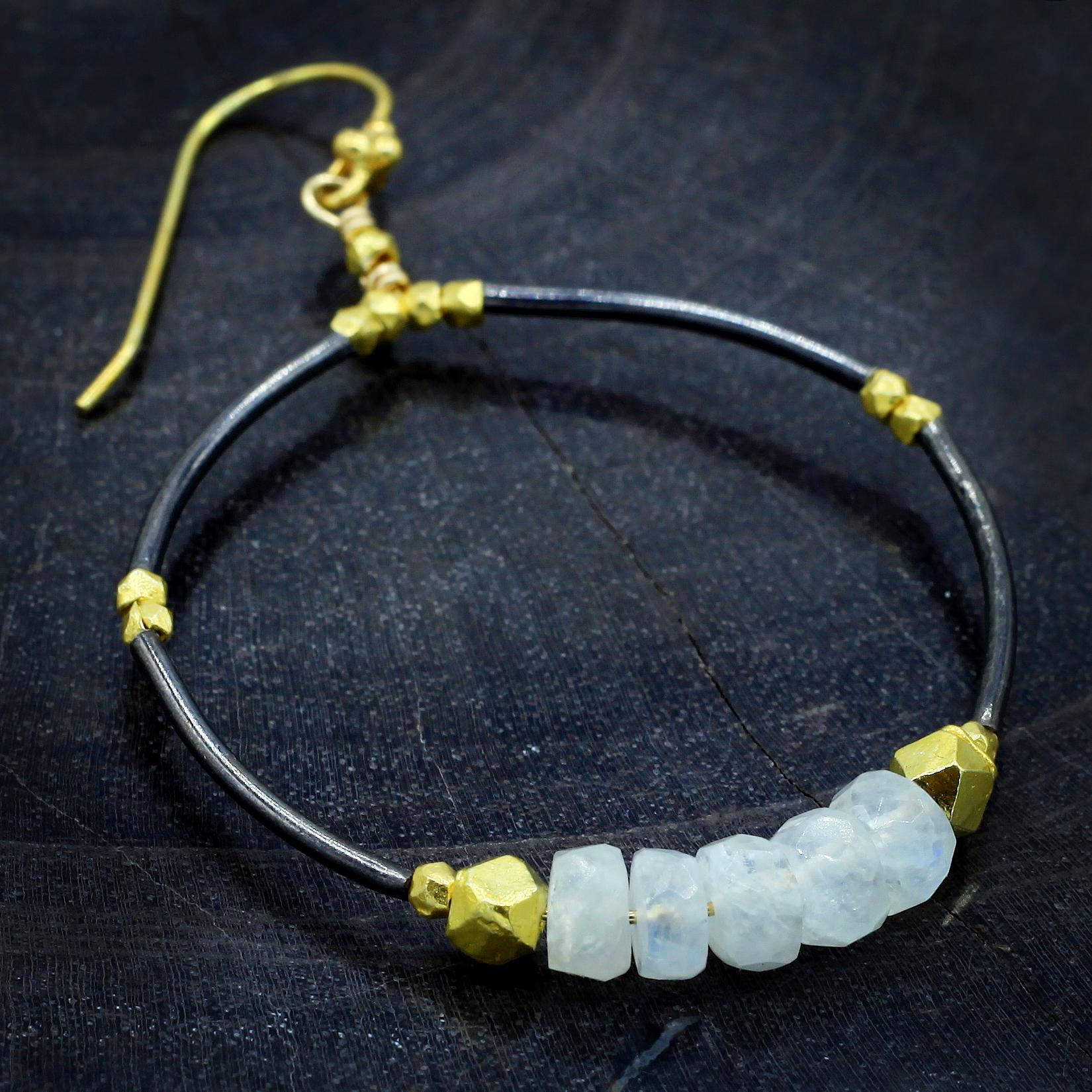 Robindira Unsworth Jewelry | Moonstone + Oxidized Sterling Silver Hoop Earrings | Firecracker