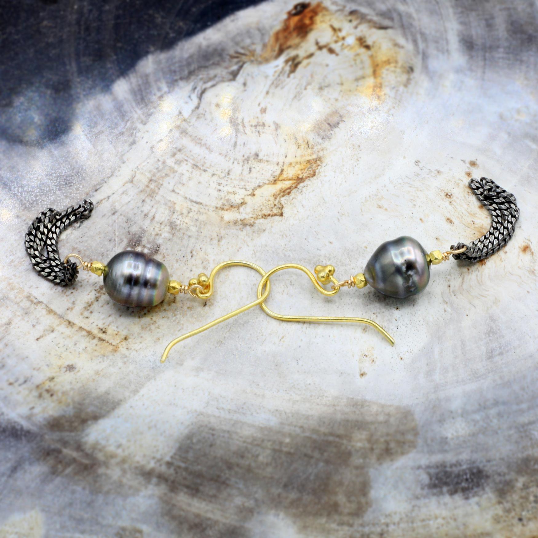 Robindira Unsworth Jewelry | Tahitian Pearl Oxidized Sterling Silver Earrings| Firecracker