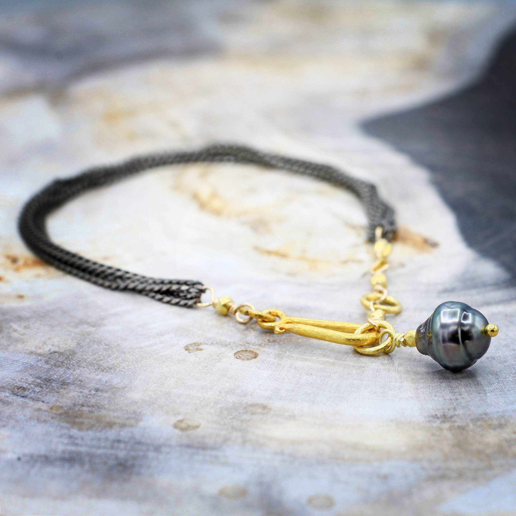 Robindira Unsworth Jewelry | Tahitian Pearl + Oxidized Sterling Silver Strand Bracelet | Firecracker