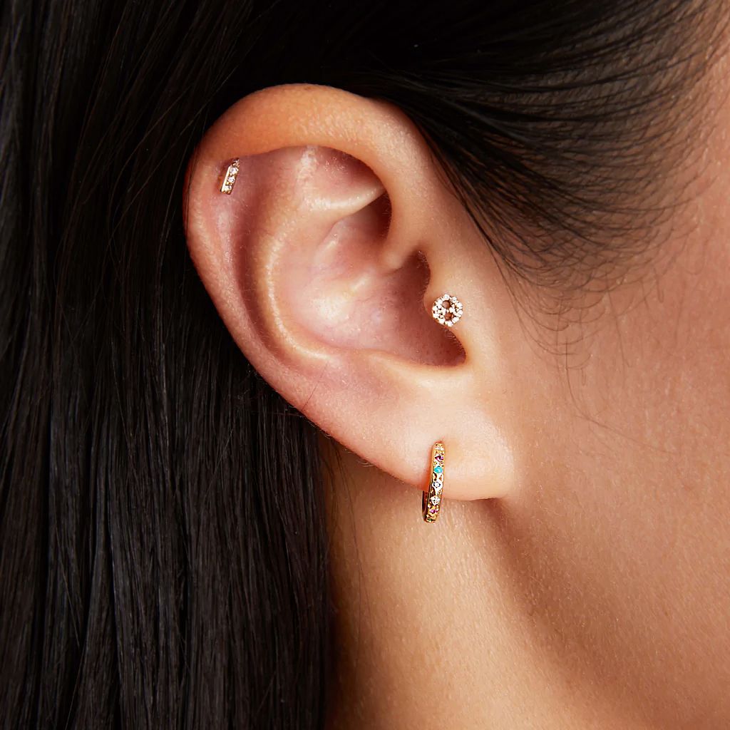 Scosha | Rainbow Gemstone + 10k Gold Huggie Earring | Firecracker