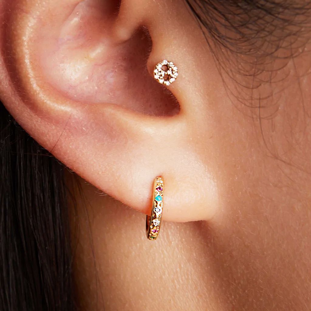 Scosha | Rainbow Gemstone + 10k Gold Huggie Earring | Firecracker