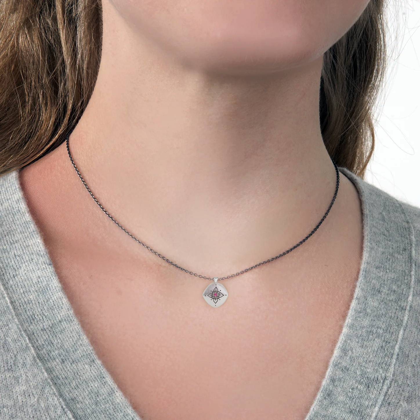 Adel Chefridi Studio | Ruby + Sterling Silver "Lotus Cushion" Pendant Necklace | Firecracker