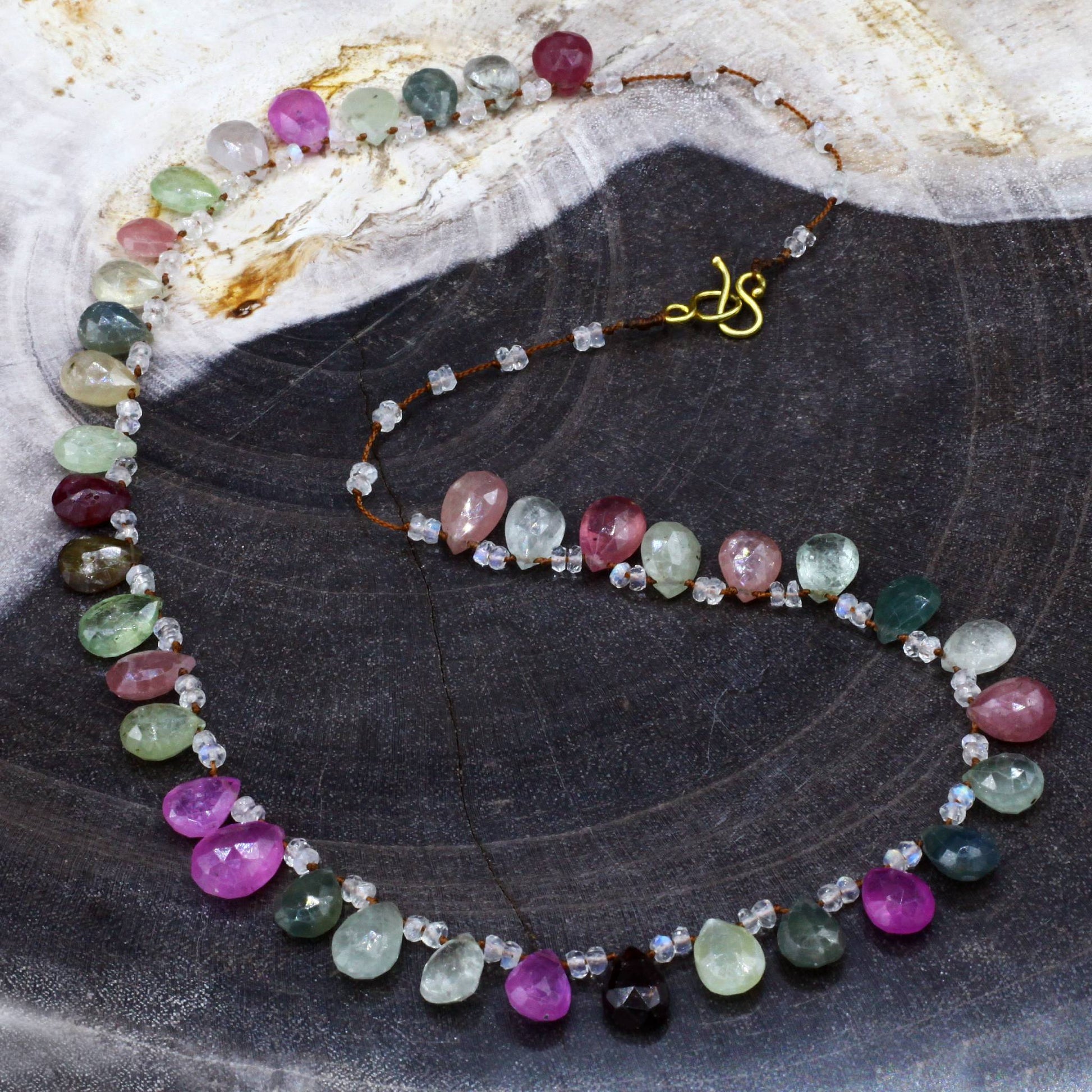 Lena Skadegard Jewelry | Petal Tourmaline & Sapphire 14k Gold Gemstone Necklace | Firecracker