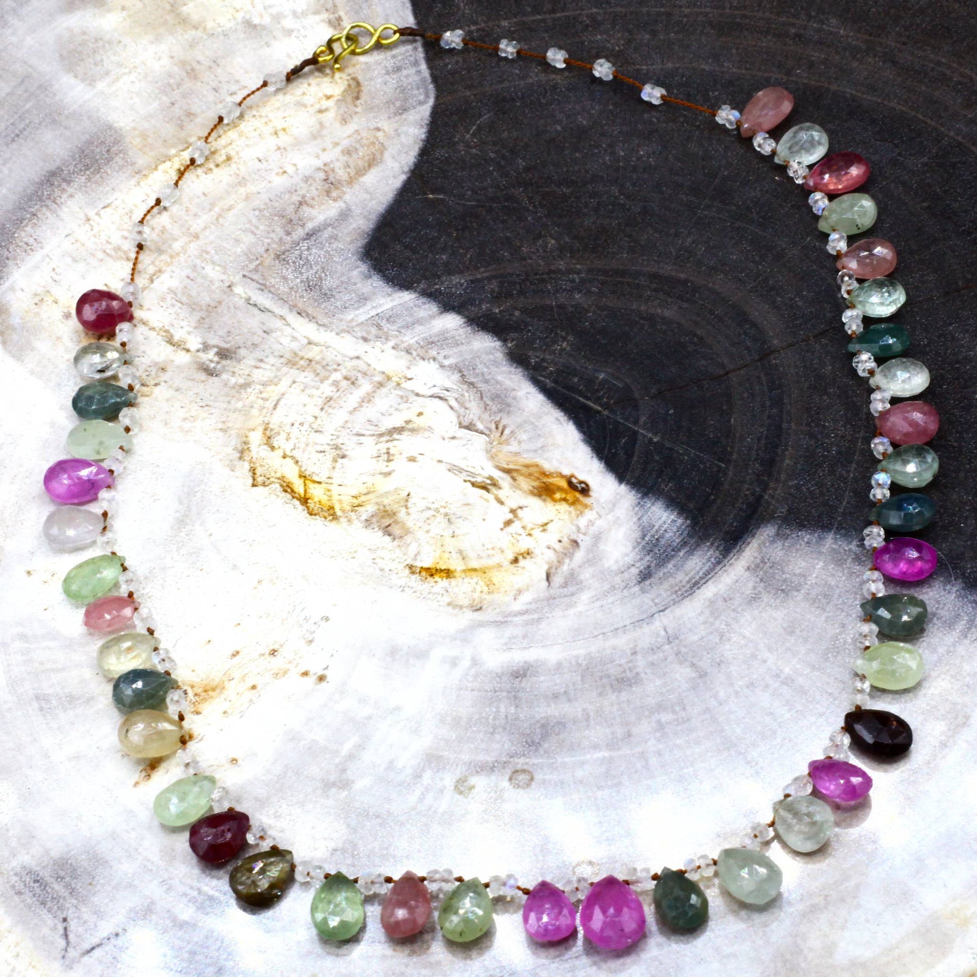 Lena Skadegard Jewelry | Petal Tourmaline & Sapphire 14k Gold Gemstone Necklace | Firecracker