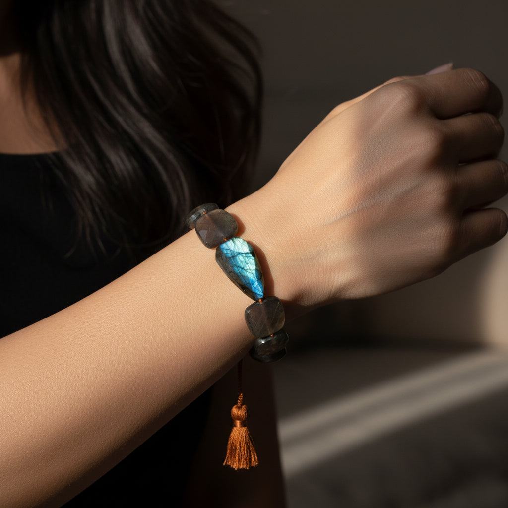 Lena Skadegard Jewelry | Labradorite + Grey Moonstone Gemstone Tassel Bracelet | Firecracker