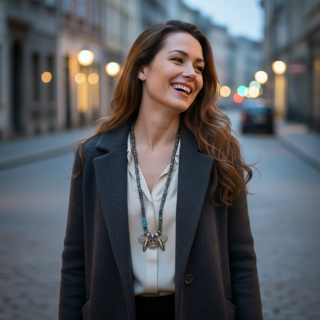 Lena Skadegard Jewels | Labradorite + Turquoise Antique Silver Charm Necklace | Firecracker