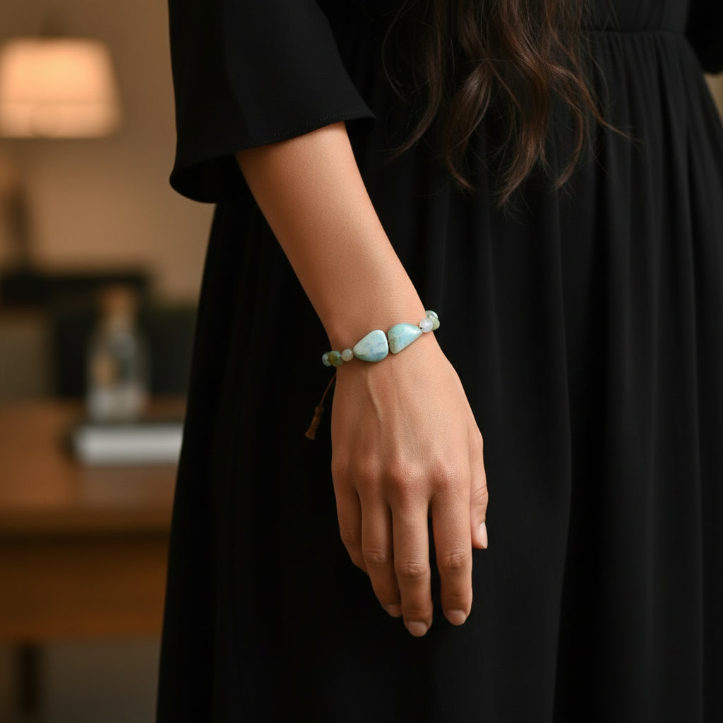 Lena Skadegard Jewels | Peruvian Opal + Aquamarine Gemstone Double Tassel Bracelet | Firecracker