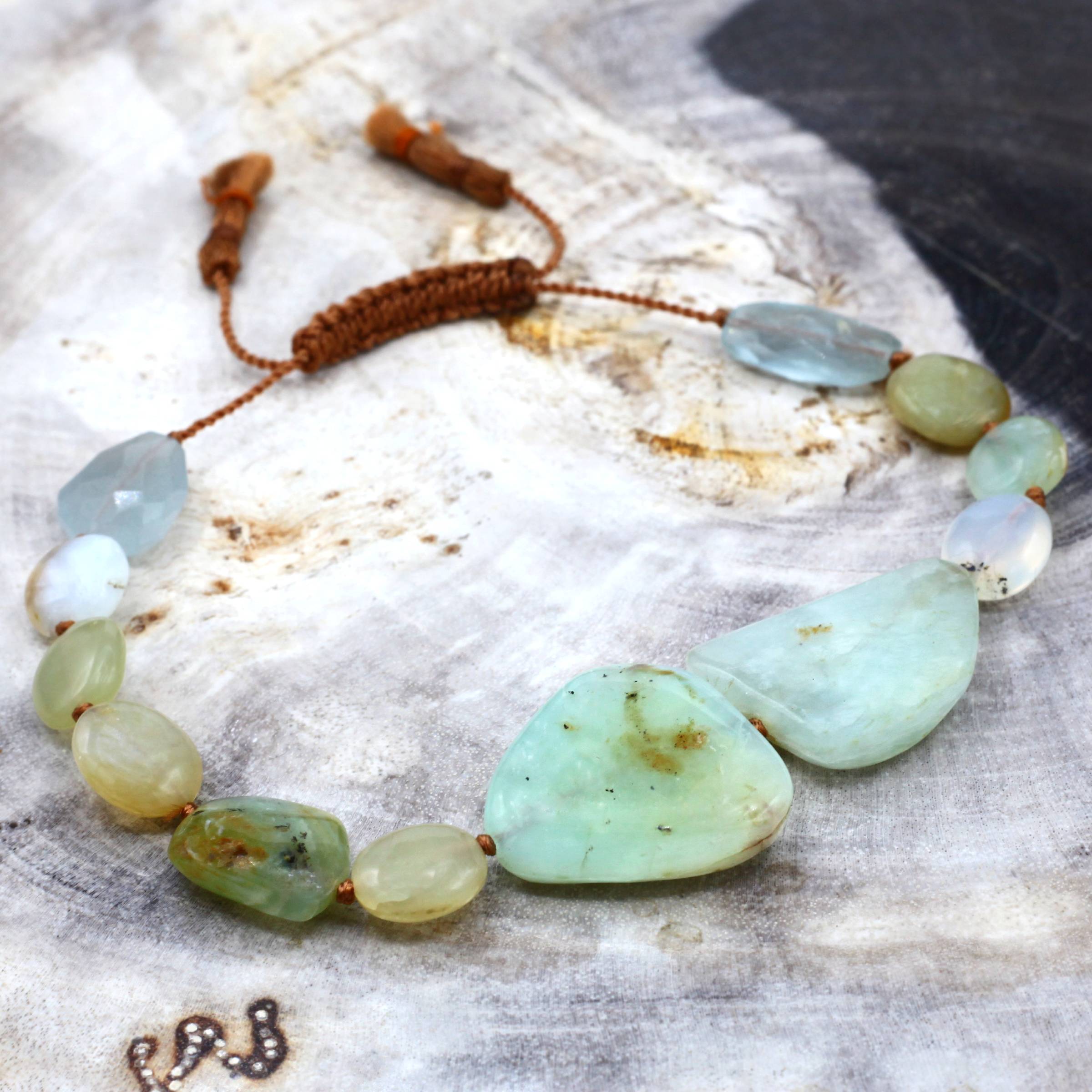 Lena Skadegard Jewels | Peruvian Opal + Aquamarine Gemstone Double Tassel Bracelet | Firecracker