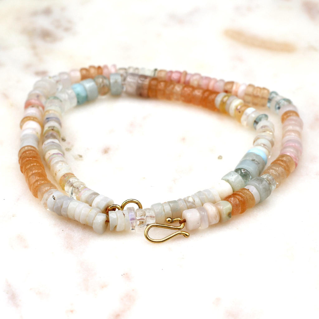 Lena Skadegard Jewels | Pink Opal, Moonstone + 9k Gold Mixed Gemstone Beaded Necklace | Firecracker