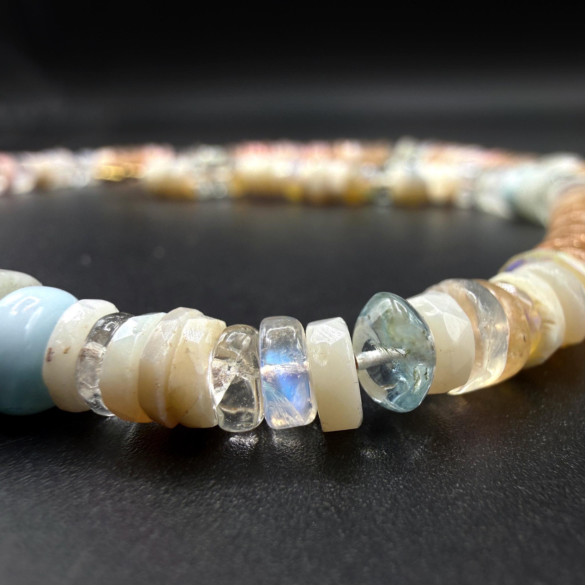 *Pink Opal, Moonstone + 9k Gold Mixed Gemstone Beaded Necklace - Firecracker