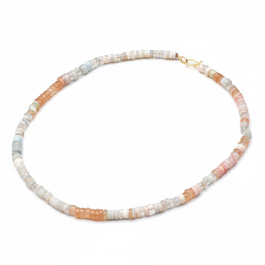 Lena Skadegard Jewels | Pink Opal, Moonstone + 9k Gold Mixed Gemstone Beaded Necklace | Firecracker