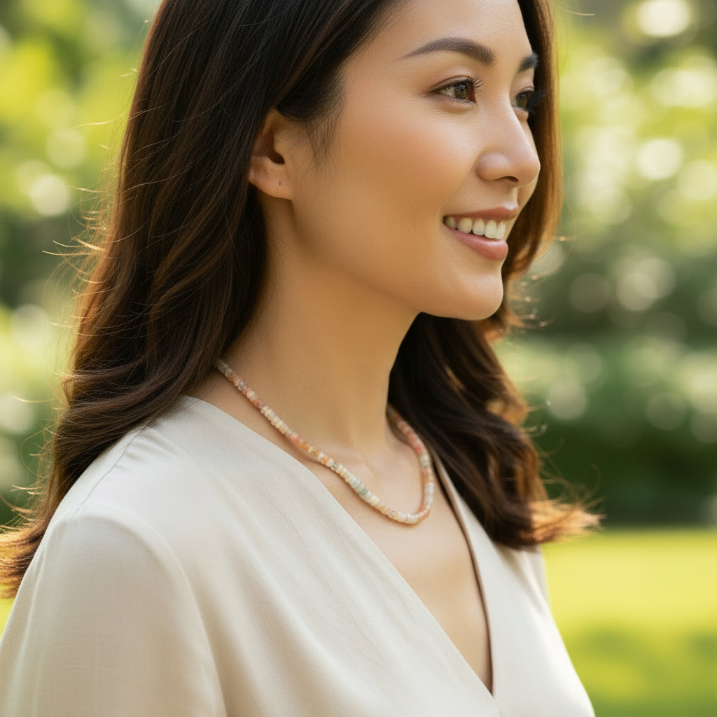 Lena Skadegard Jewels | Pink Opal, Moonstone + 9k Gold Mixed Gemstone Beaded Necklace | Firecracker
