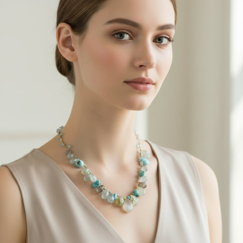 Aquamarine, Opal, Labradorite + Turquoise 9k Gold Gemstone Necklace