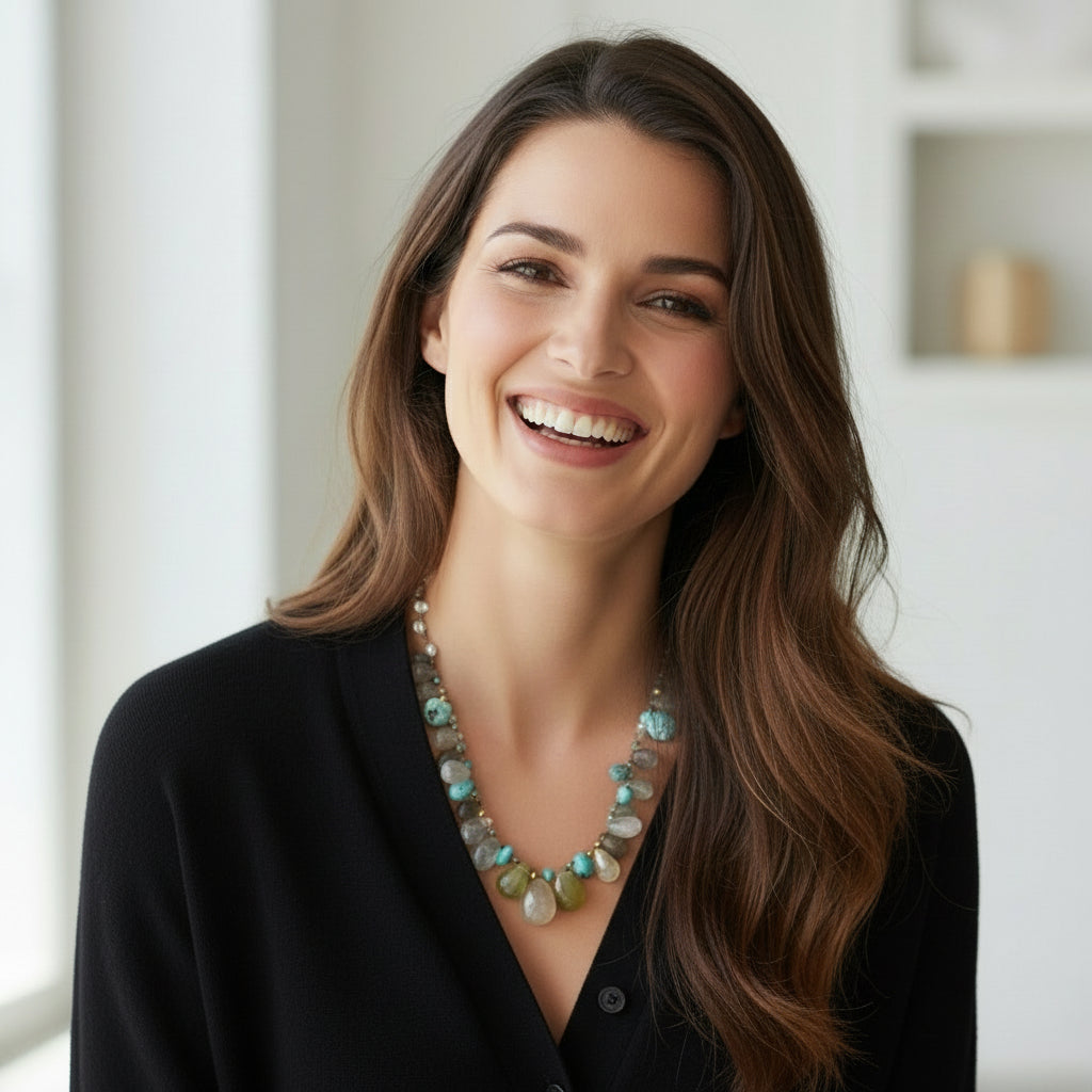 Lena Skadegard Jewelry | Aquamarine, Opal, Labradorite + Turquoise 9k Gold Gemstone Necklace | Firecracker