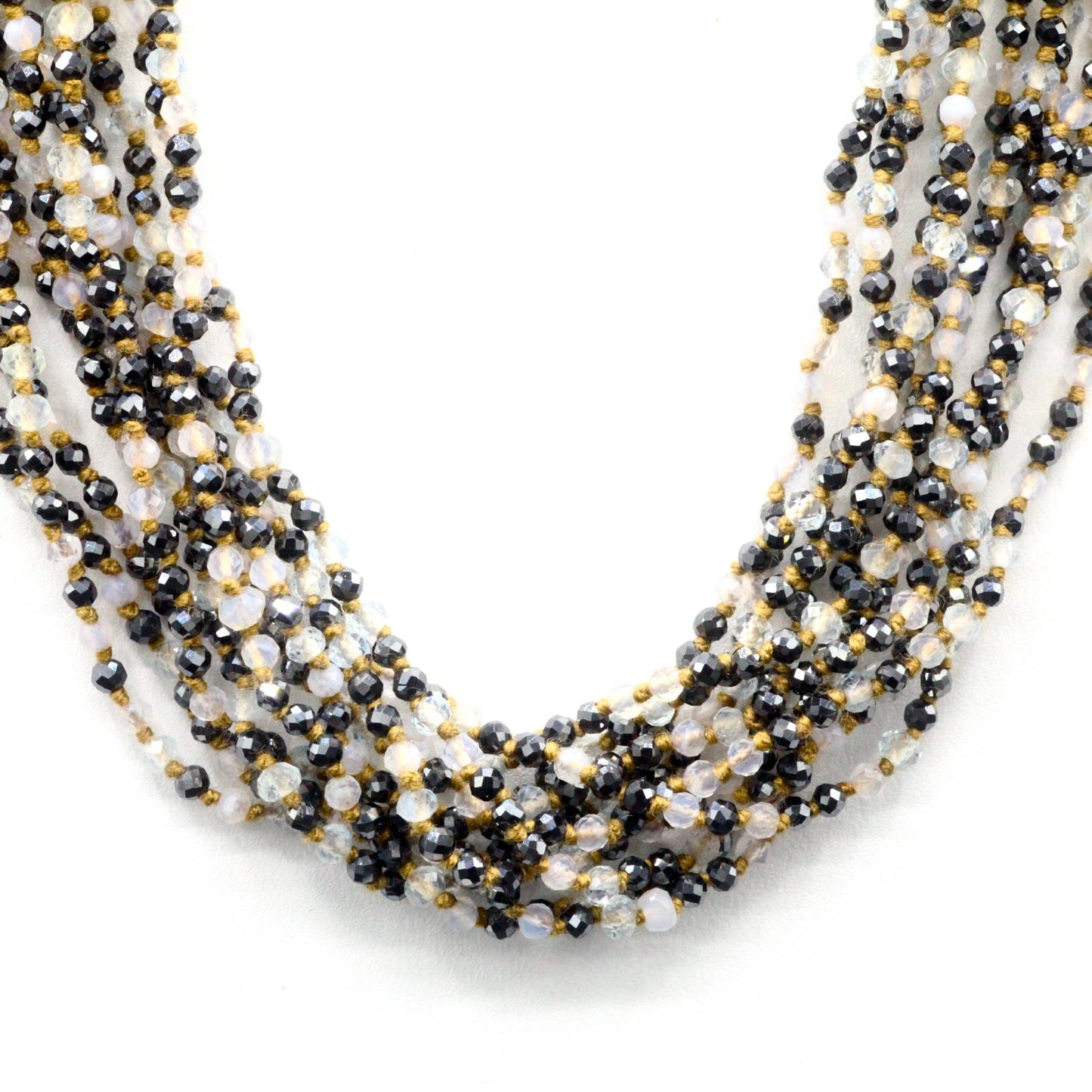 Lena Skadegard Jewelry | Hematite, Chalcedony + Aquamarine Gemstone Tassel Necklace | Firecracker