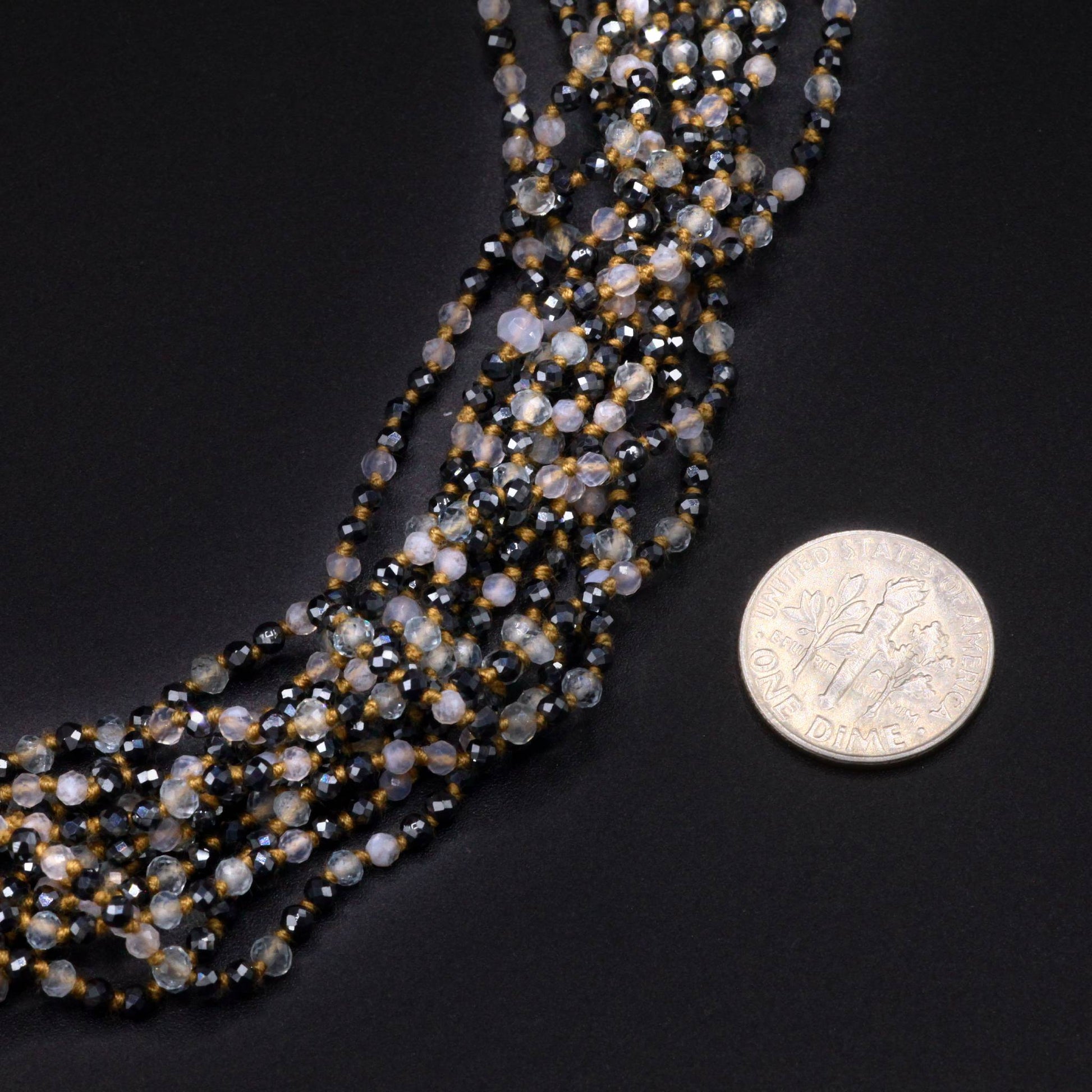 Lena Skadegard Jewelry | Hematite, Chalcedony + Aquamarine Gemstone Tassel Necklace | Firecracker