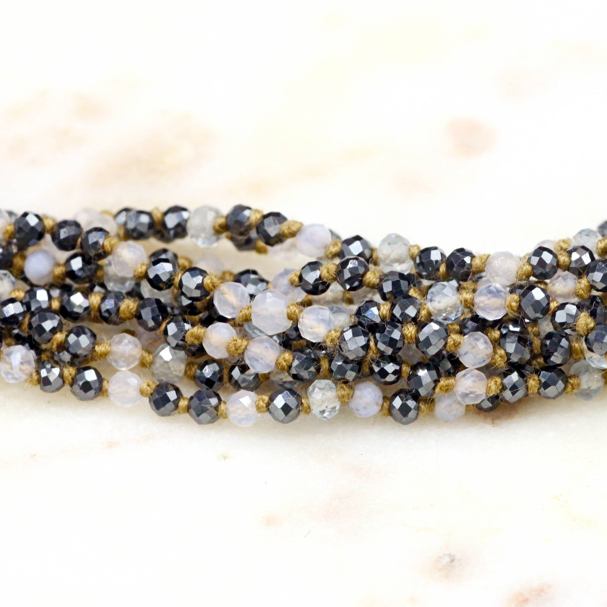 Lena Skadegard Jewelry | Hematite, Chalcedony + Aquamarine Gemstone Tassel Necklace | Firecracker
