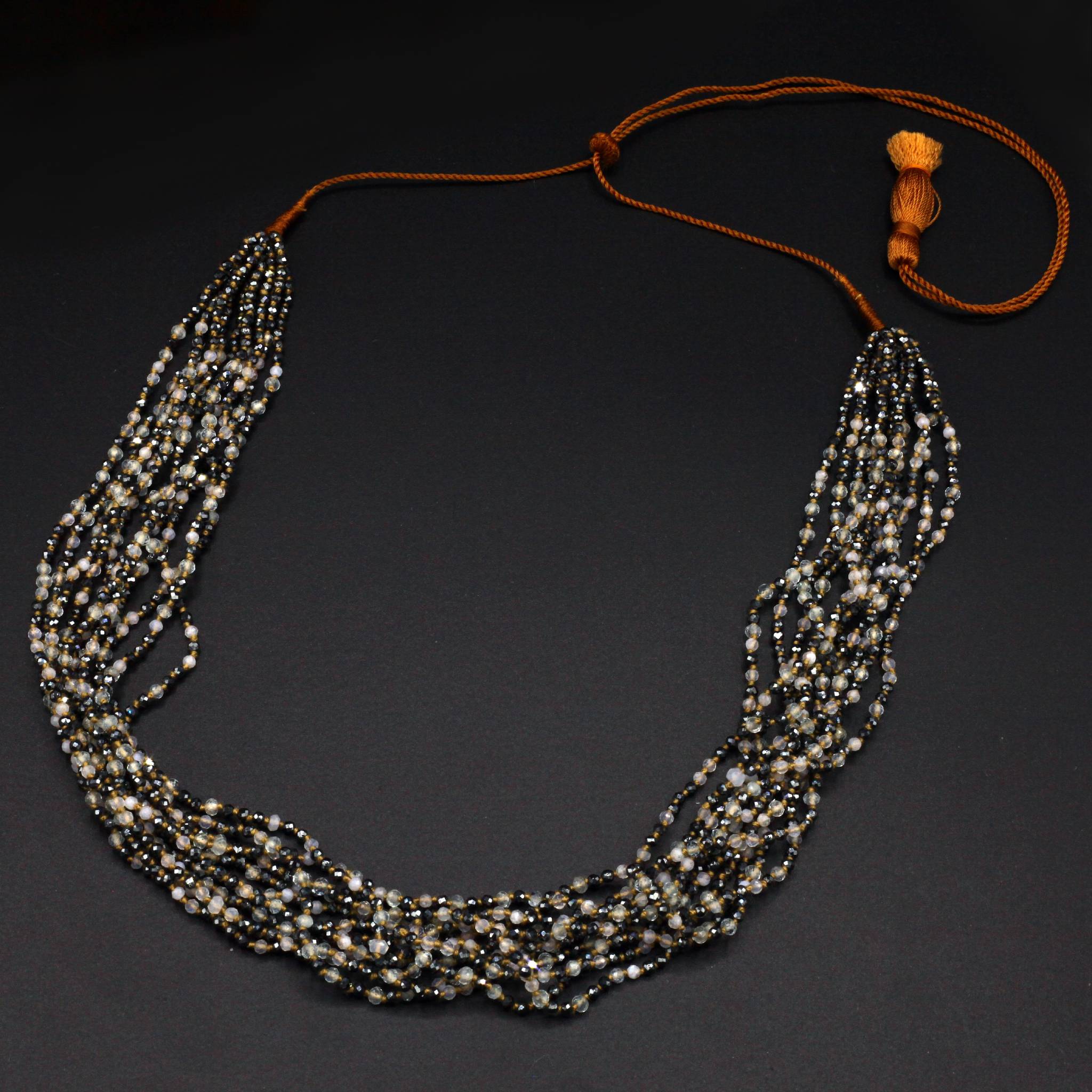 Lena Skadegard Jewelry | Hematite, Chalcedony + Aquamarine Gemstone Tassel Necklace | Firecracker