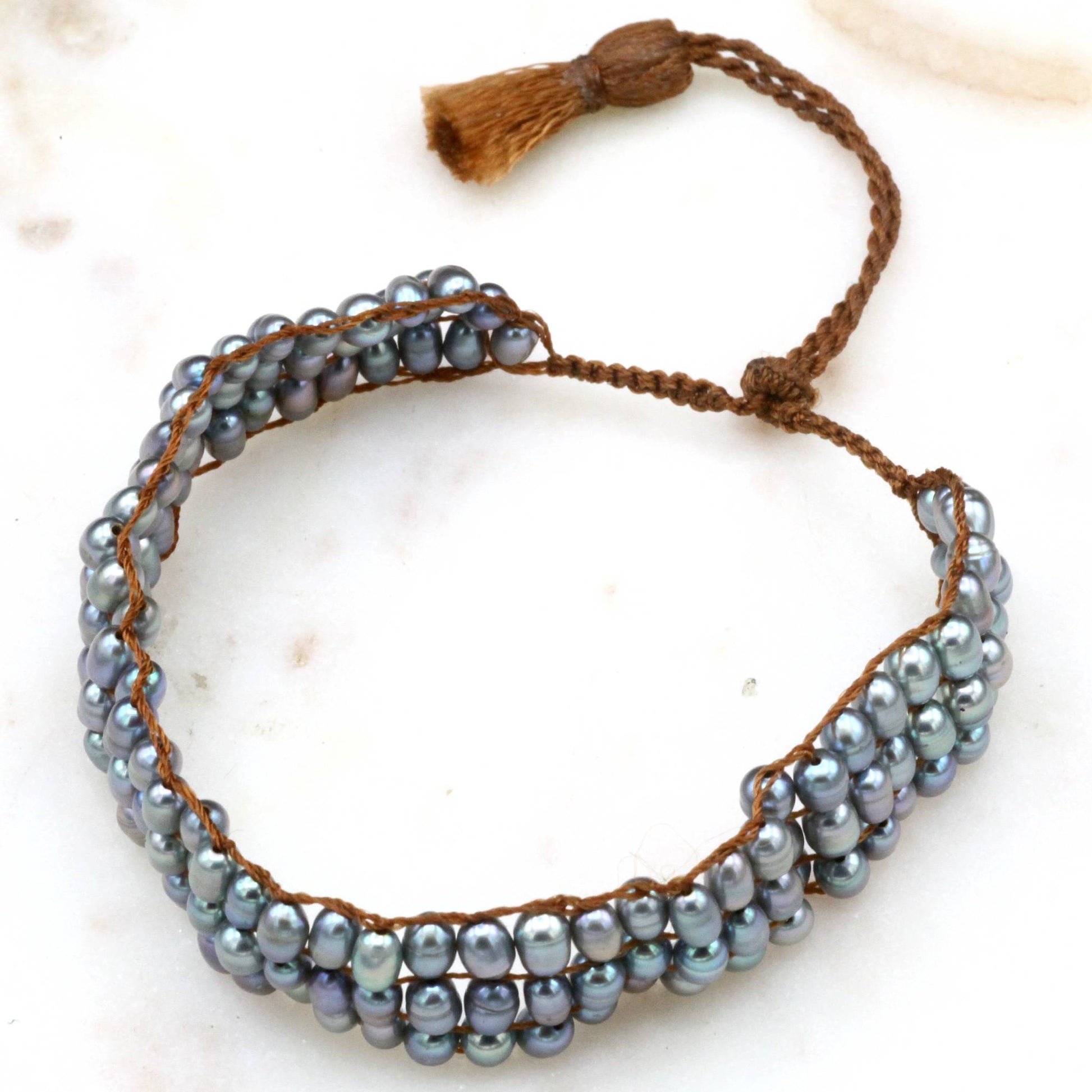 Lena Skadegard Jewelry | Grey Pearl Crochet Tassel Bracelet | Firecracker