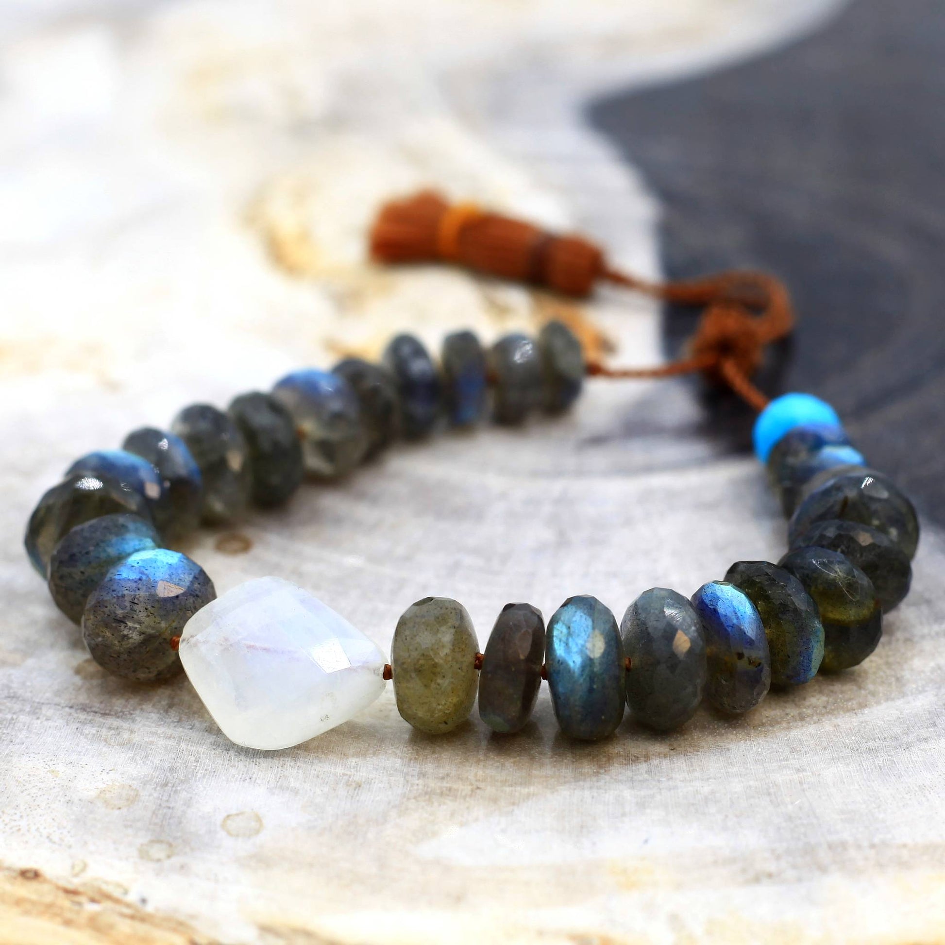 Lena Skadegard Jewelry | Labradorite + Moonstone Gemstone Tassel Bracelet | Firecracker
