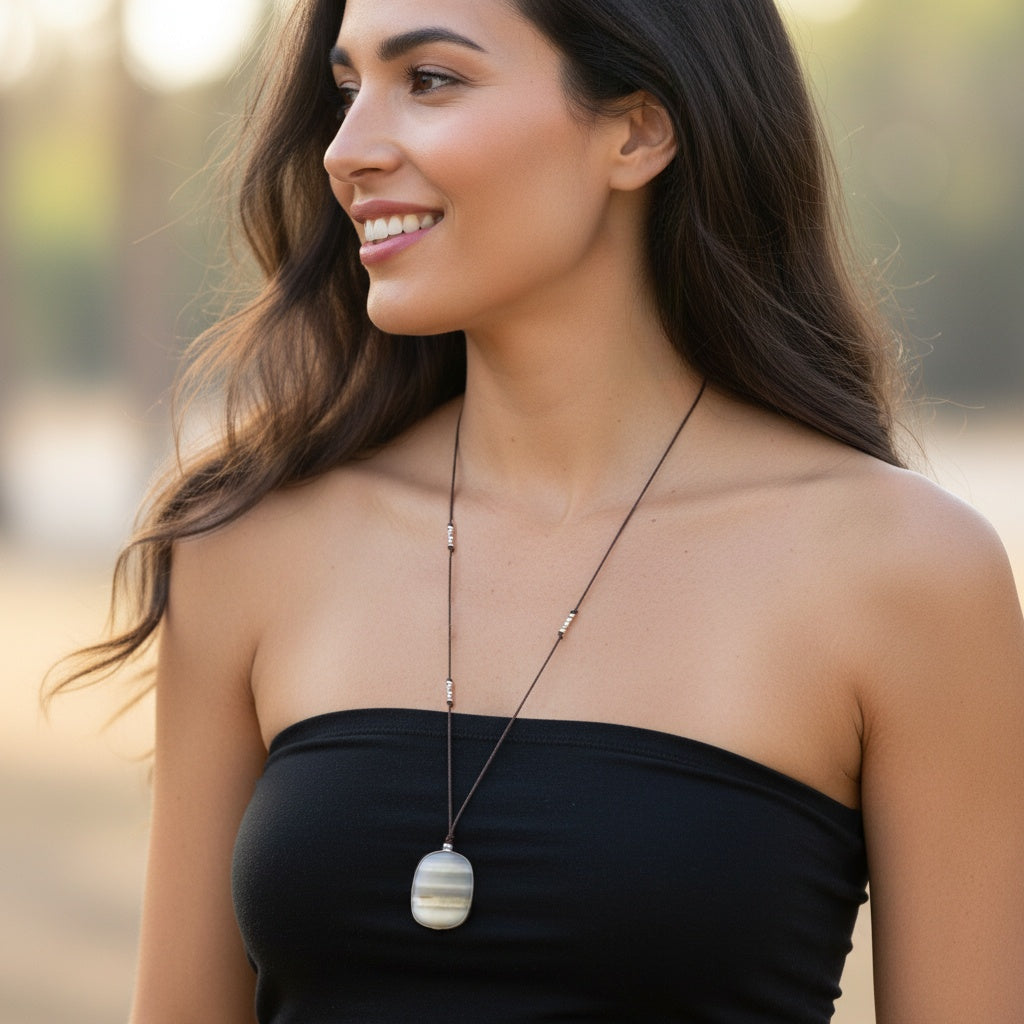 Margaret Solow Jewelry | Agate + Sterling Silver Gemstone Drop Necklace | Firecracker