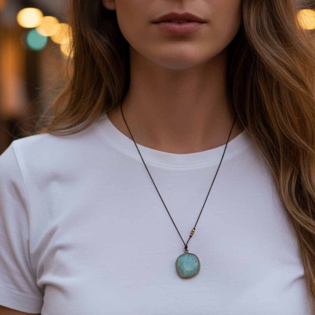 Margaret Solow Jewelry | Aquamarine + Brass Gemstone Drop Necklace | Firecracker
