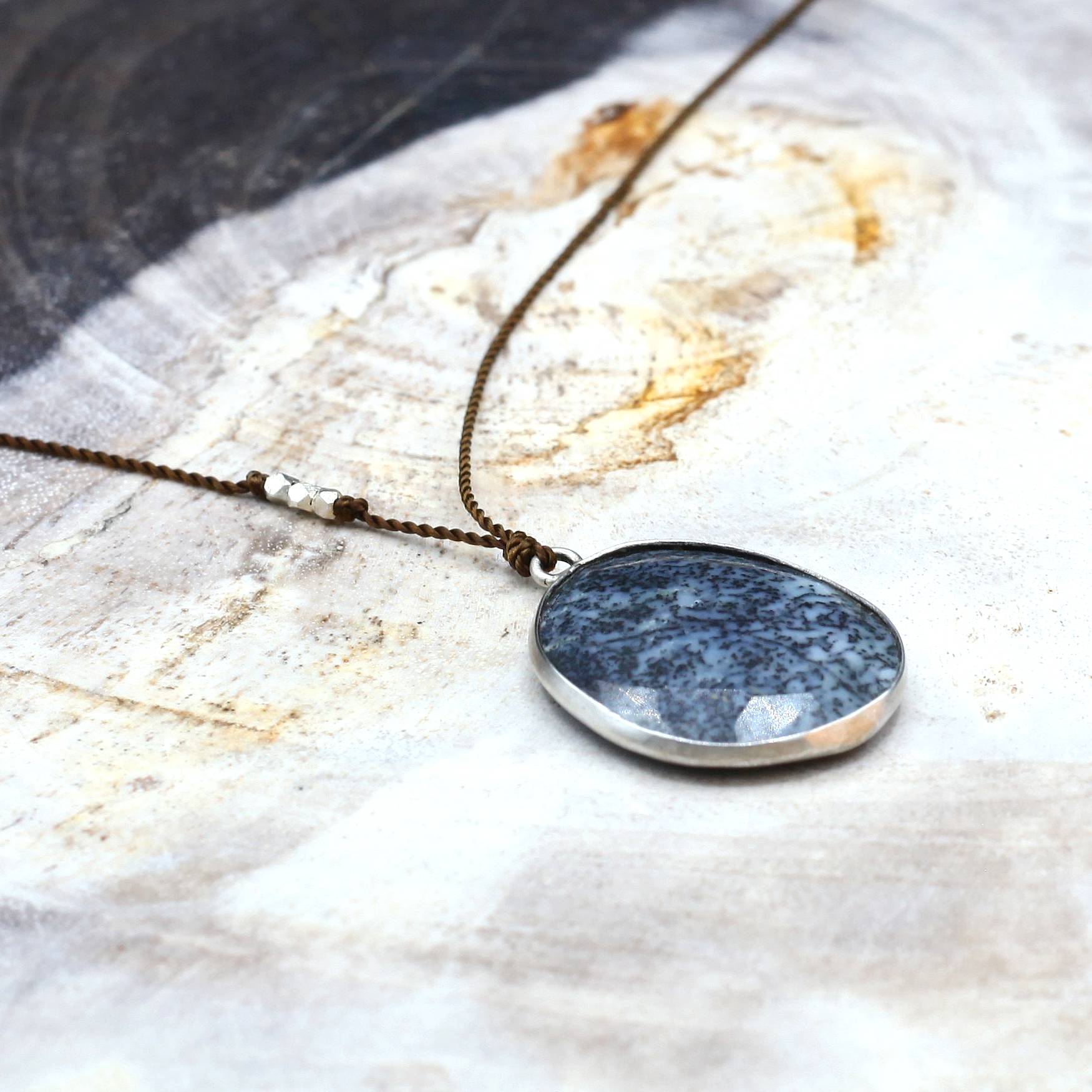 Margaret Solow Jewelry | Dendritic Opal + Sterling Silver Drop Necklace | Firecracker