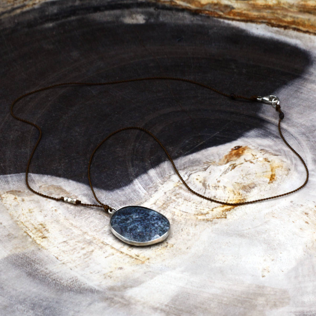 Margaret Solow Jewelry | Dendritic Opal + Sterling Silver Drop Necklace | Firecracker