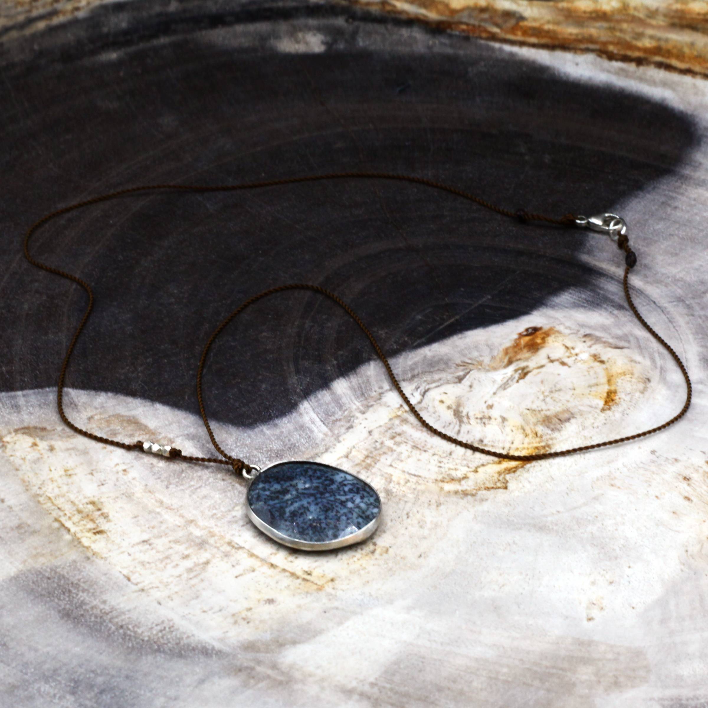 Margaret Solow Jewelry | Dendritic Opal + Sterling Silver Drop Necklace | Firecracker