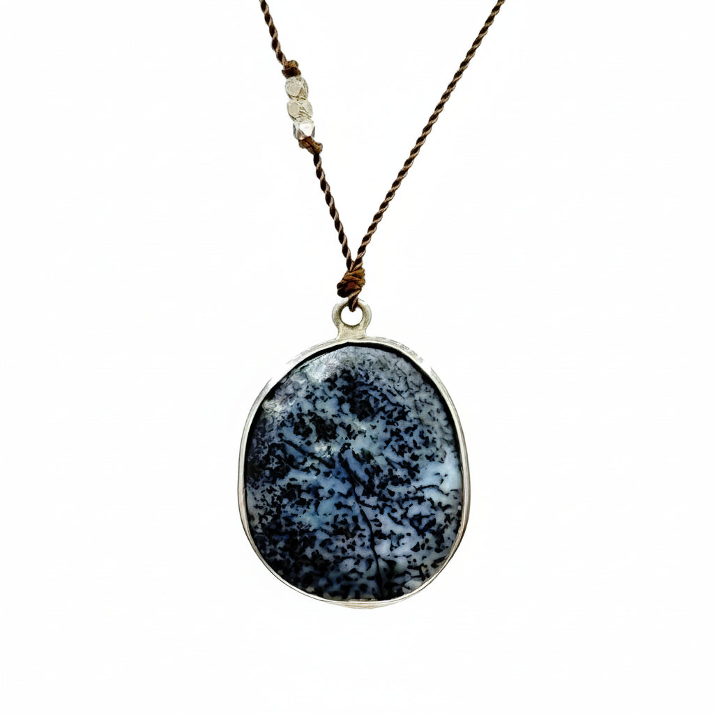 Margaret Solow Jewelry | Dendritic Opal + Sterling Silver Drop Necklace | Firecracker