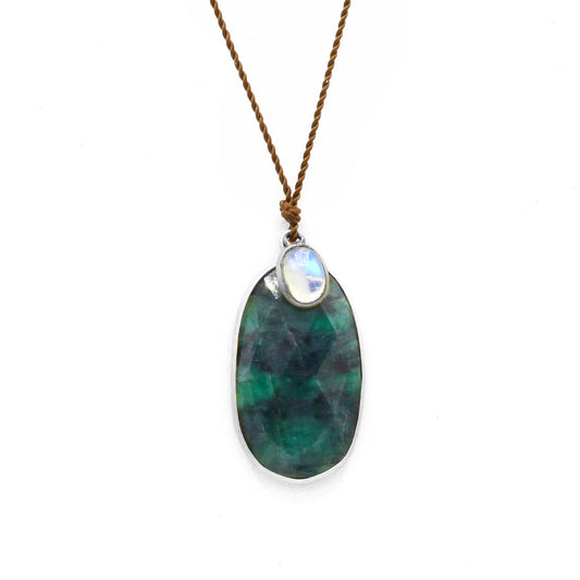 Margaret Solow Jewelry | Emerald + Rainbow Moonstone Sterling Silver Drop Necklace | Firecracker