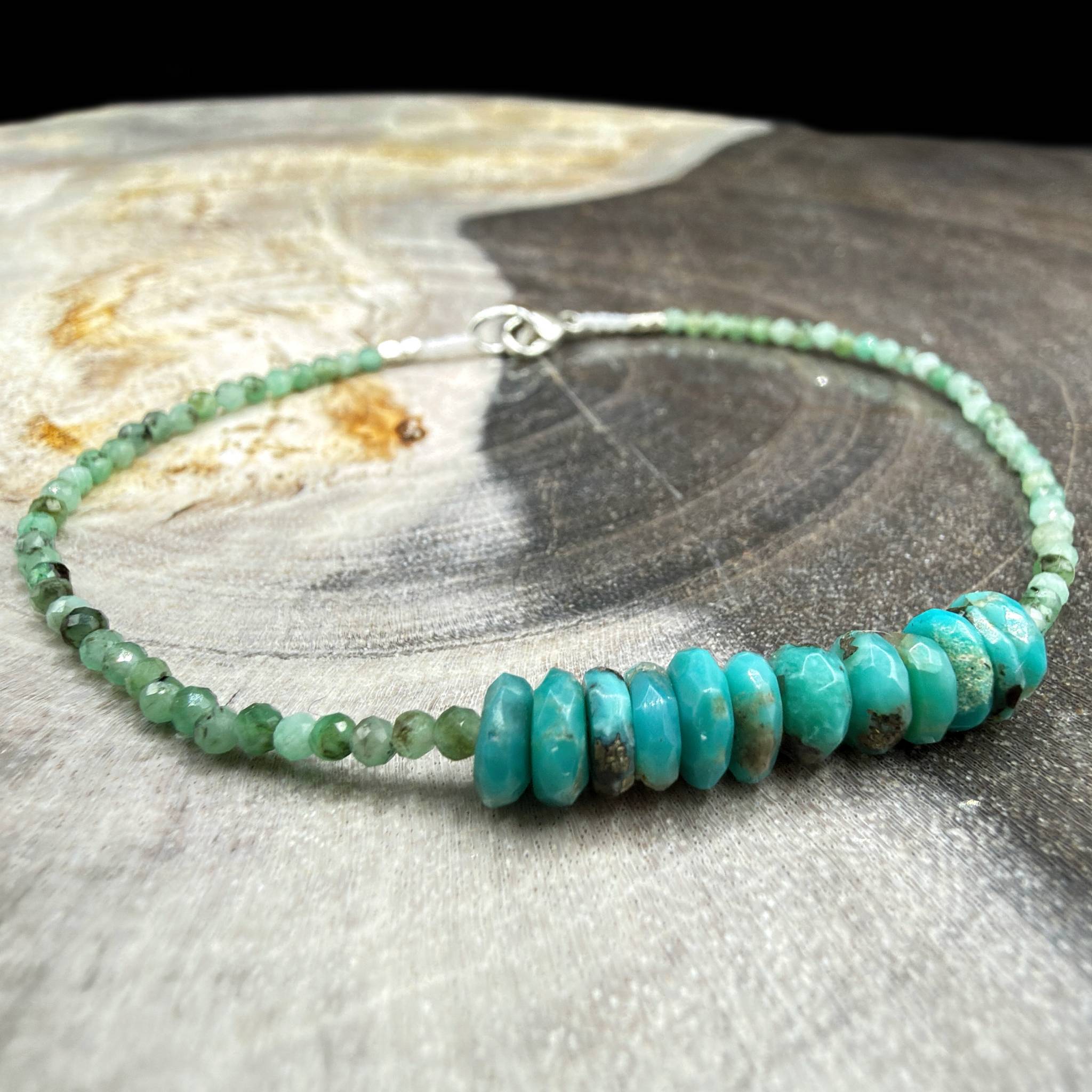 Margaret Solow Jewelry | Emerald + Sleeping Beauty Turquoise Beaded Bracelet | Firecracker