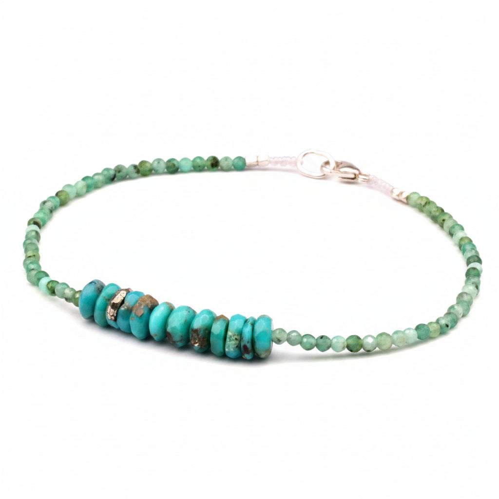 Margaret Solow Jewelry | Emerald + Sleeping Beauty Turquoise Beaded Bracelet | Firecracker